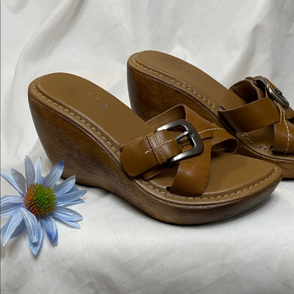 ❤️ Solid Wood & Leather PAZZO Bohemian Festival Y2K 70s Vibe Wedge Sandals, 6